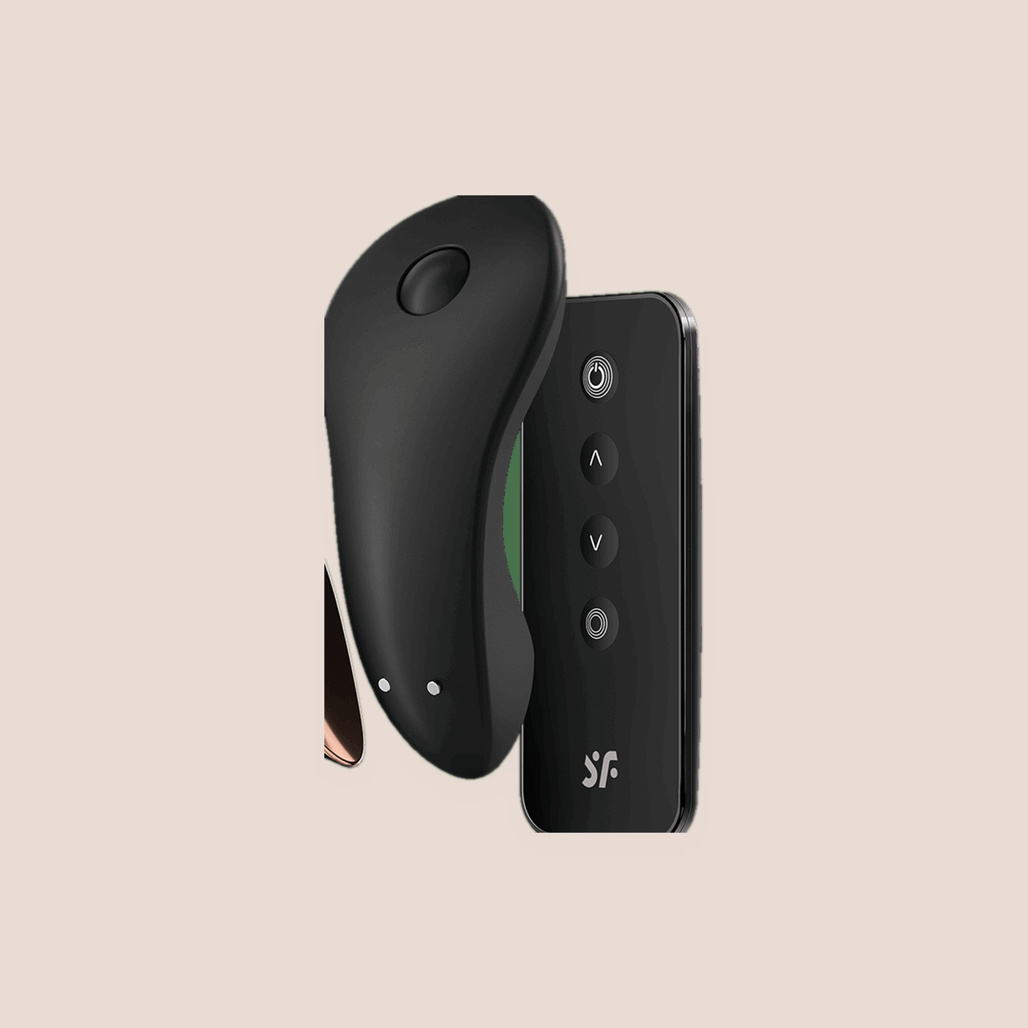 Worn — intimate massager on a warm blush background